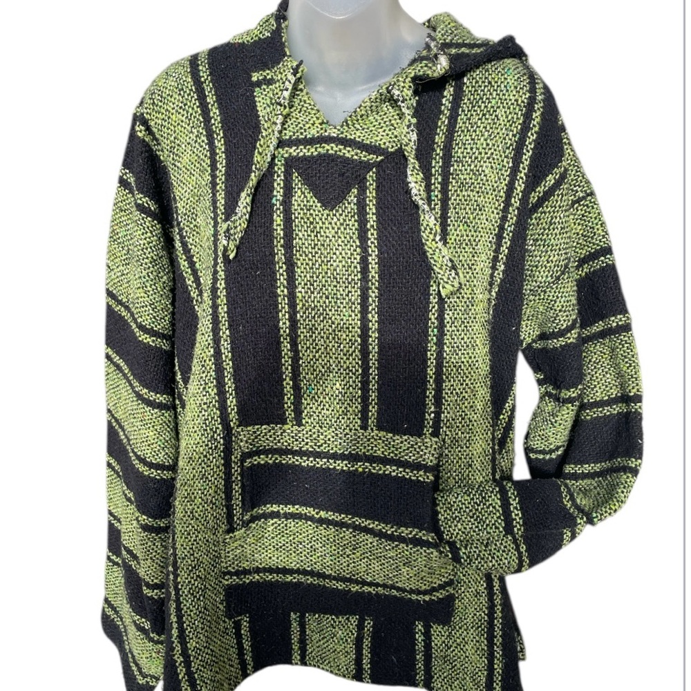 Mexican Baja pull over jacket hooded Mexican drug rug shirt striped med/ Lg